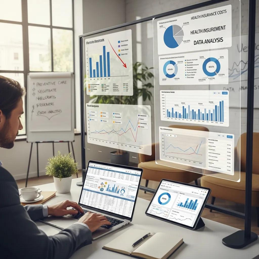 Business professional analyzing cost management strategies for health insurance in a modern office