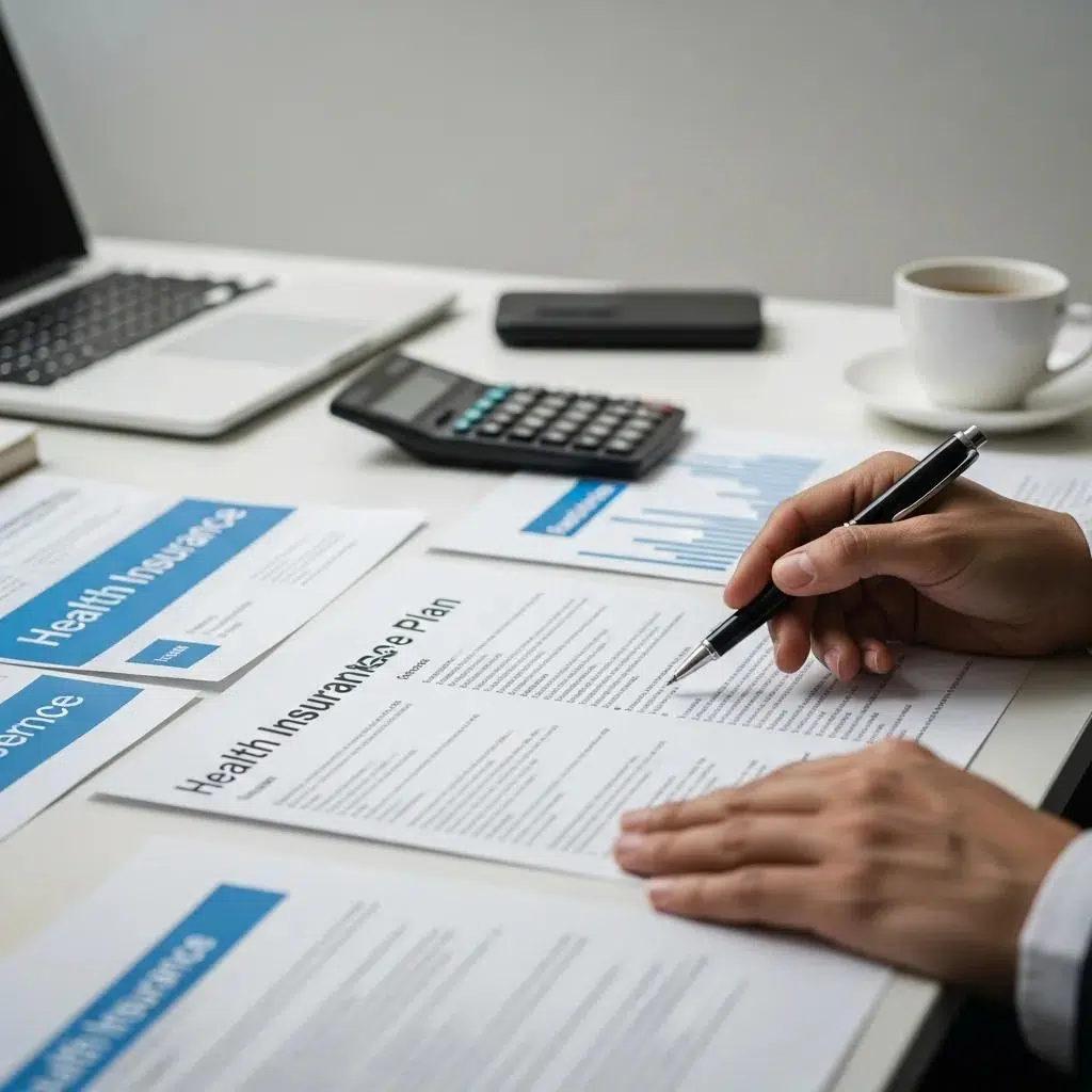 Business professional analyzing health insurance plan documents on a desk