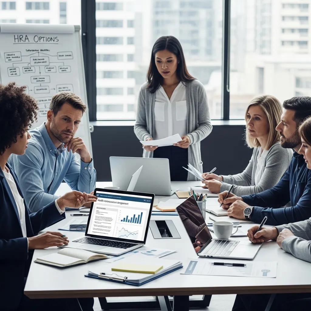 Business professionals discussing health reimbursement arrangements in a modern office