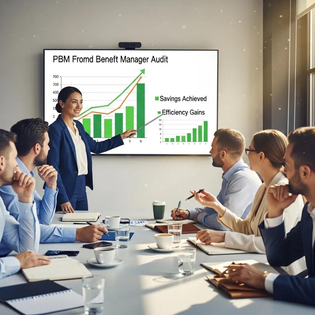 Business team discussing successful PBM audit results in a meeting room