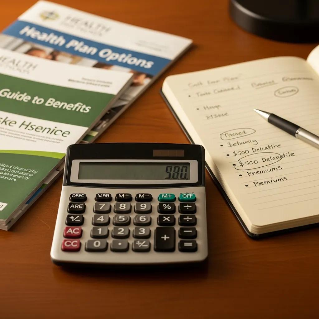 Calculator and health insurance brochures symbolizing cost-effective health plan financial planning for Michigan employers.