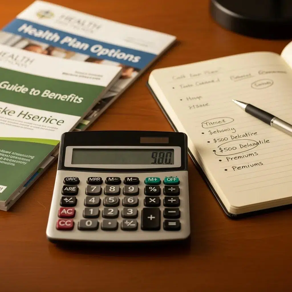 Calculator and health insurance brochures on a desk, symbolizing financial planning for cost-effective health plans