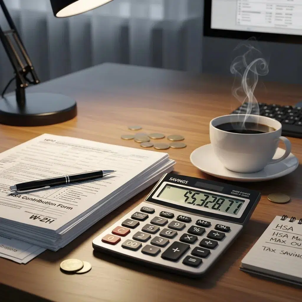 Calculator displaying savings amount alongside tax documents and a coffee cup, representing financial planning for Flexible Spending Accounts (FSAs) and Health Savings Accounts (HSAs).