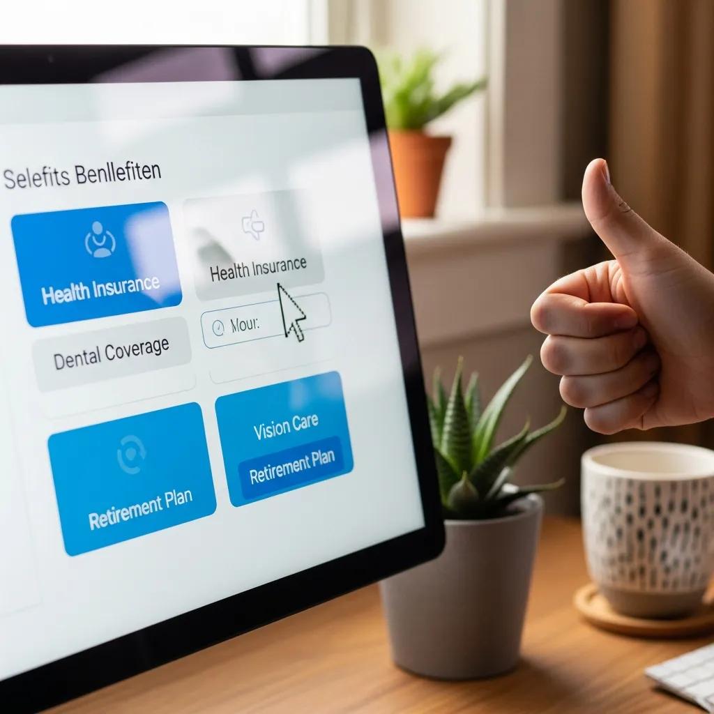 Close-up of a digital benefits enrollment platform in a cozy workspace