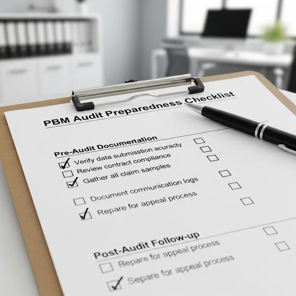Close-up of a PBM contract audit checklist highlighting key review items