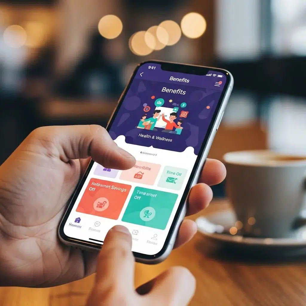 Close-up of a smartphone showing a benefits communication app in a casual setting