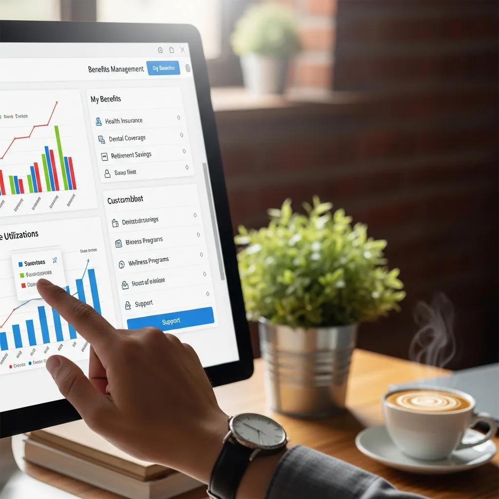 Close-up of a user-friendly benefits management software interface in an office setting
