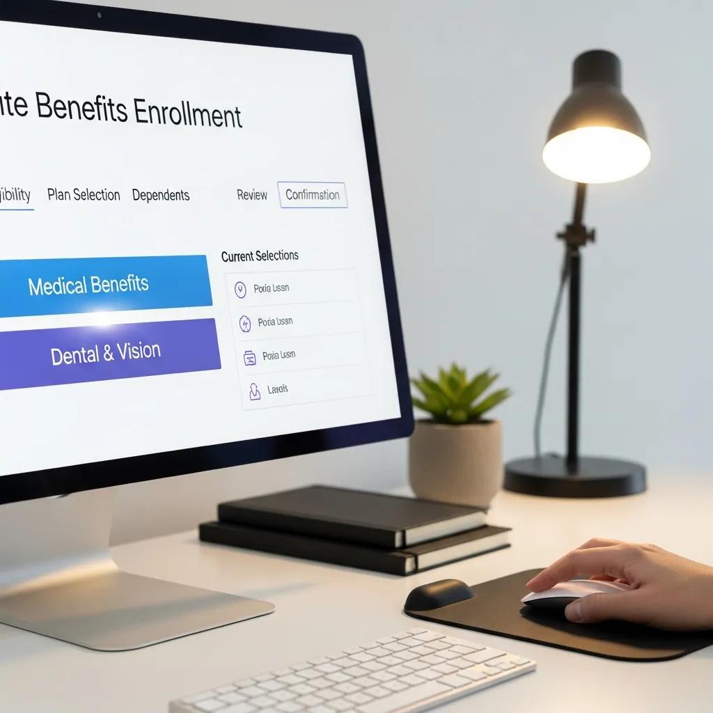 Computer screen displaying automated benefits enrollment interface with plan selection options and employee data.