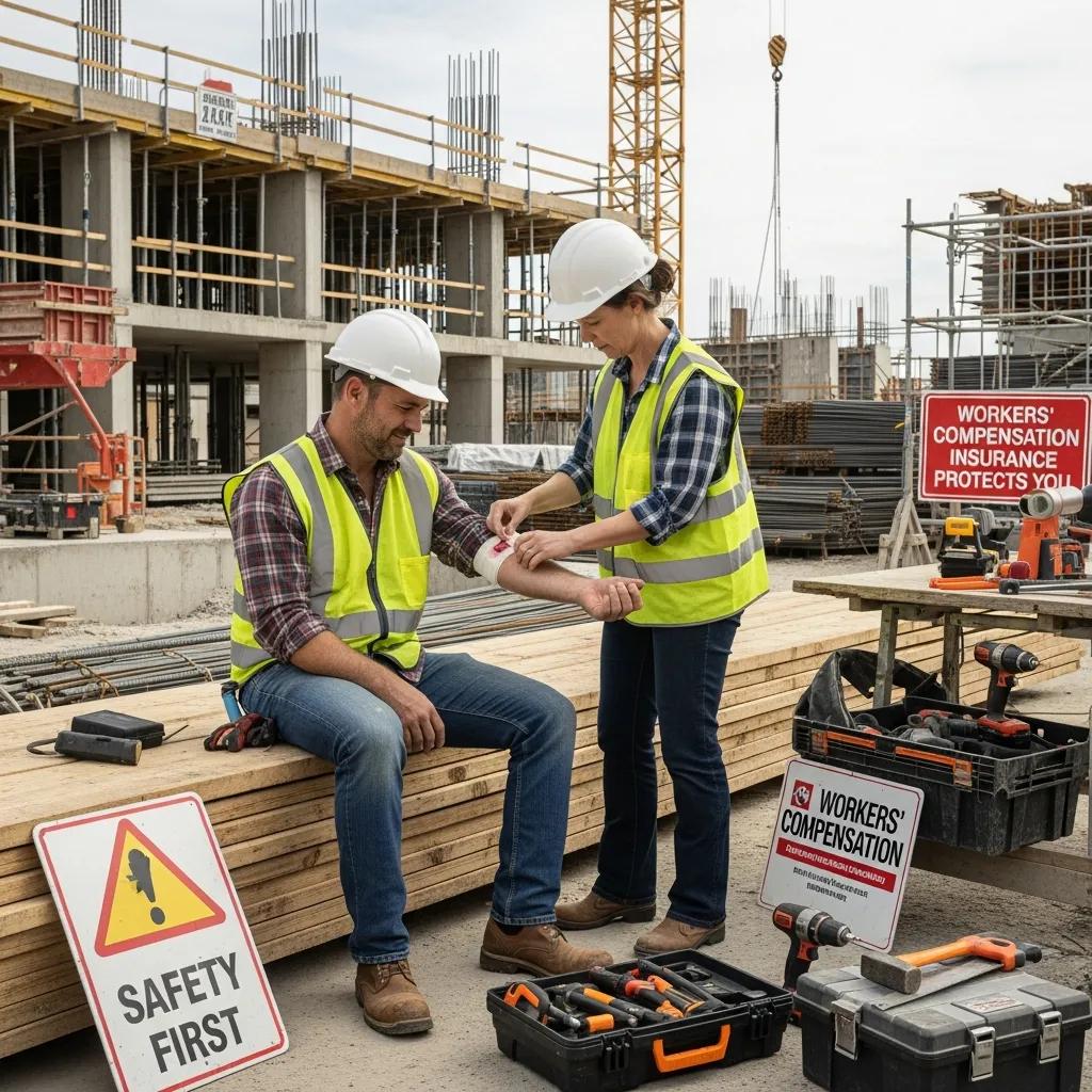 Construction worker receiving first aid on site, highlighting safety and workers' compensation