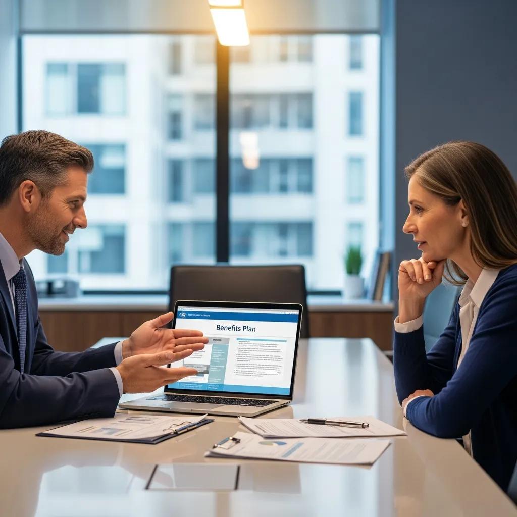 Consultant presenting employee benefits plan to an employer in an office