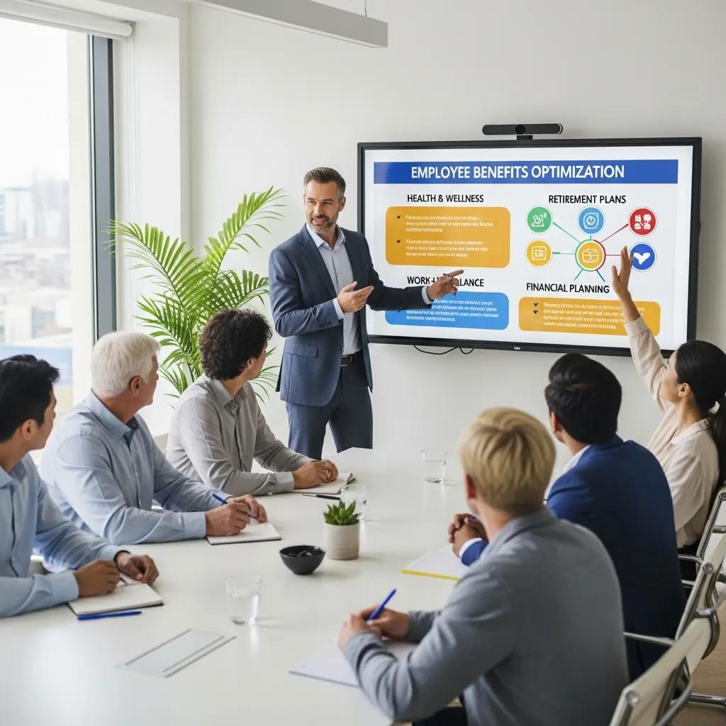 Consultant presenting employee benefits strategies to engaged employees in a conference room