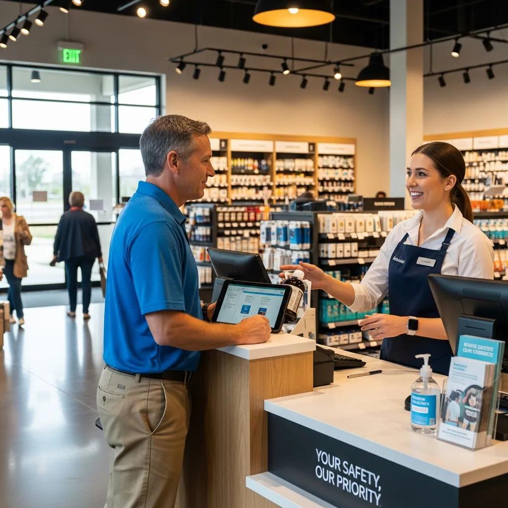 Customer service interaction in a retail store emphasizing safety and service