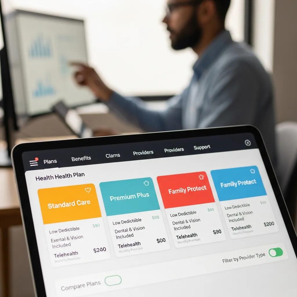 Digital interface displaying health insurance options, illustrating integration with benefits technology