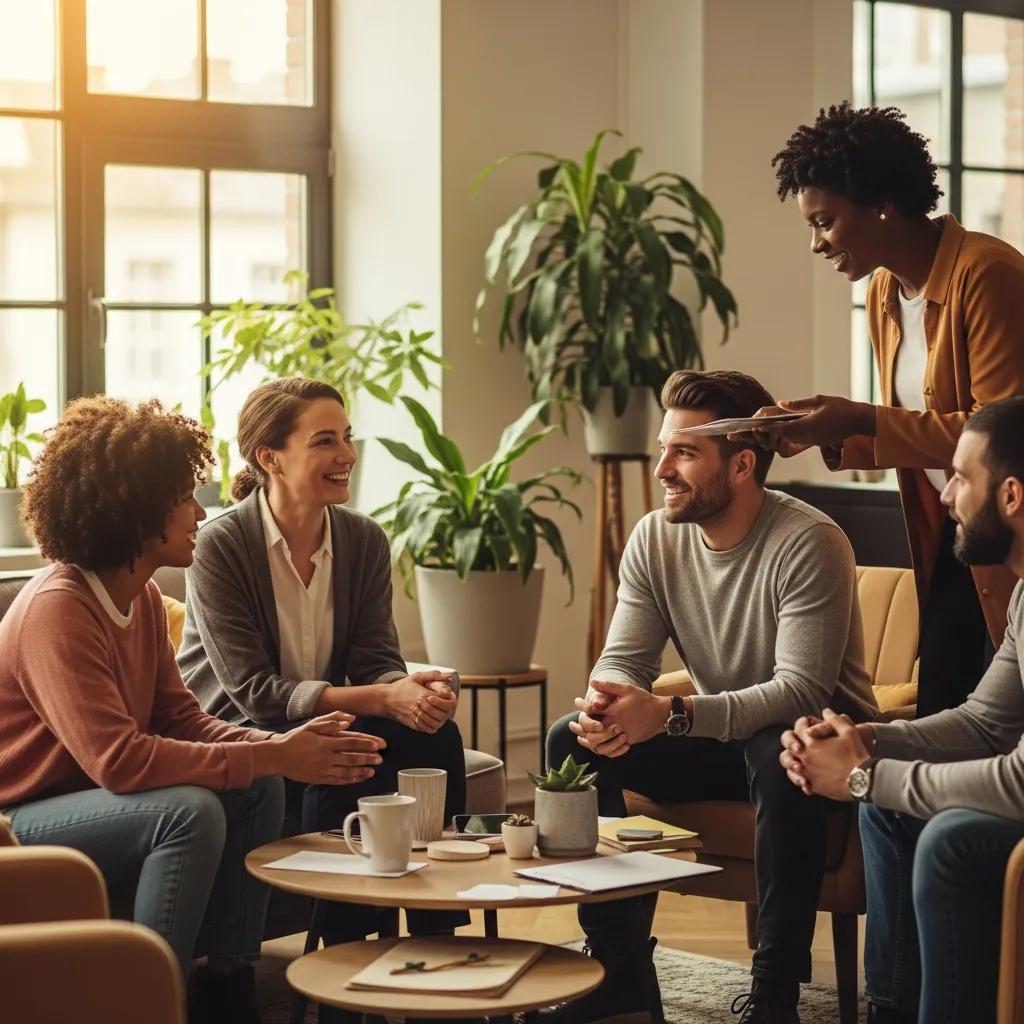 Diverse employees collaborating in a modern office, discussing employee benefits strategies to enhance talent retention.