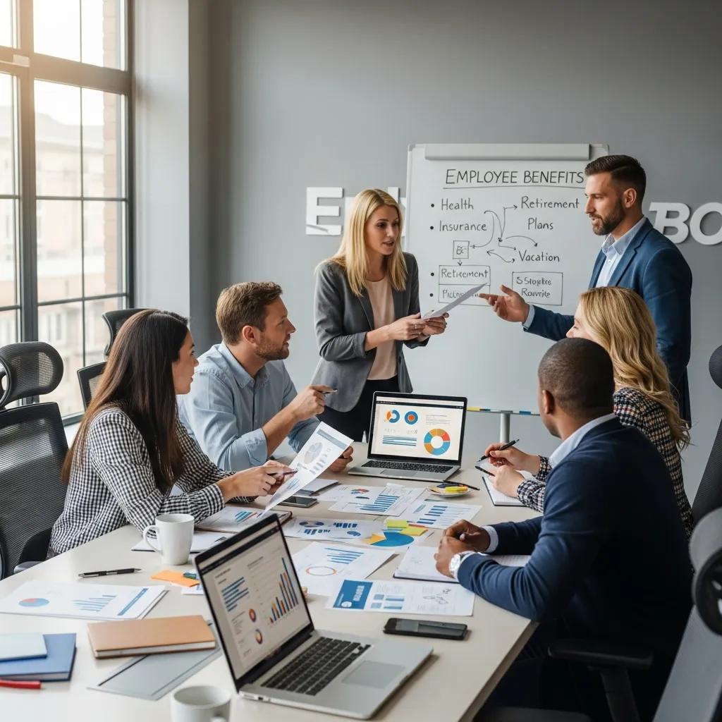 Diverse employees collaborating on employee benefits administration in a modern office, discussing health insurance, retirement plans, and vacation options with charts and graphs displayed on laptops and documents.