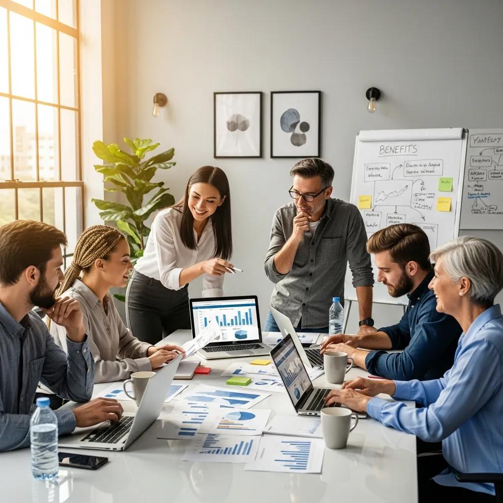Diverse team of employees collaborating on benefits administration strategies in a modern office, analyzing data on laptops and discussing employee enrollment and compliance solutions.