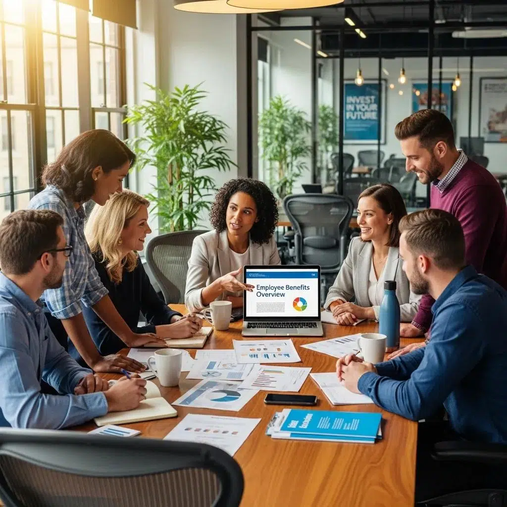 Diverse team of employees collaborating around a table, discussing employee benefits insurance, with a laptop displaying "Employee Benefits Overview" and various documents and charts related to insurance options.