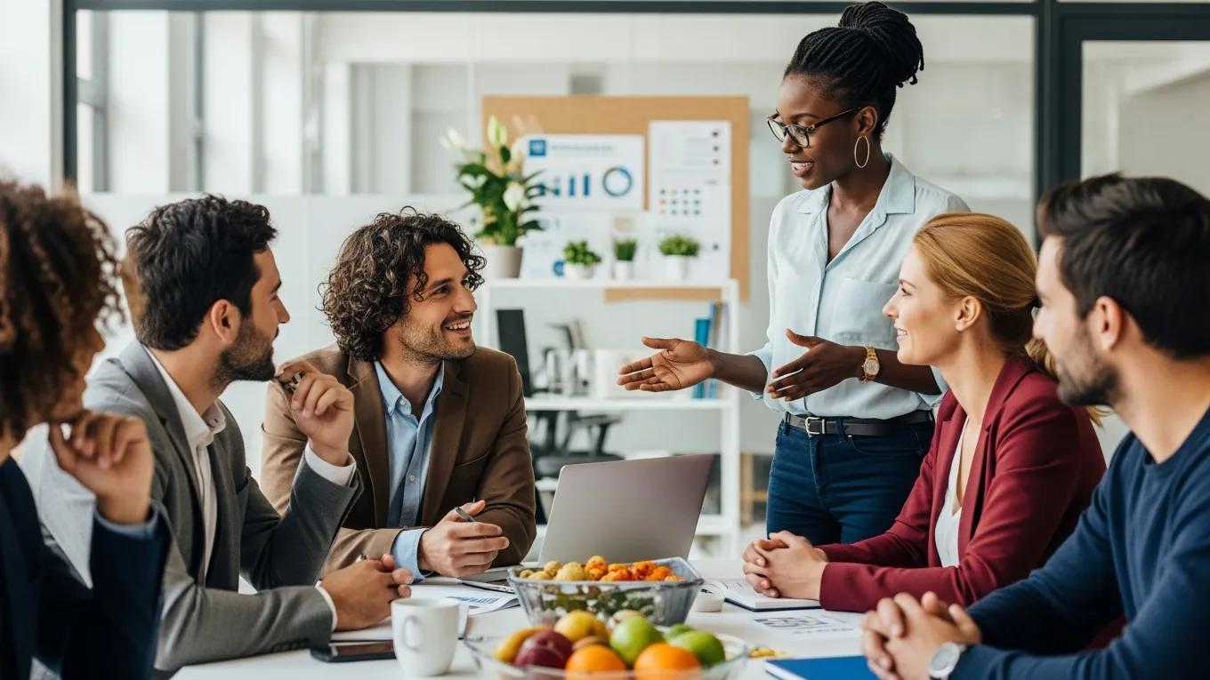 Diverse employees collaborating in a modern office setting, discussing health and wellness strategies related to employee benefits and GLP-1 prescription costs.
