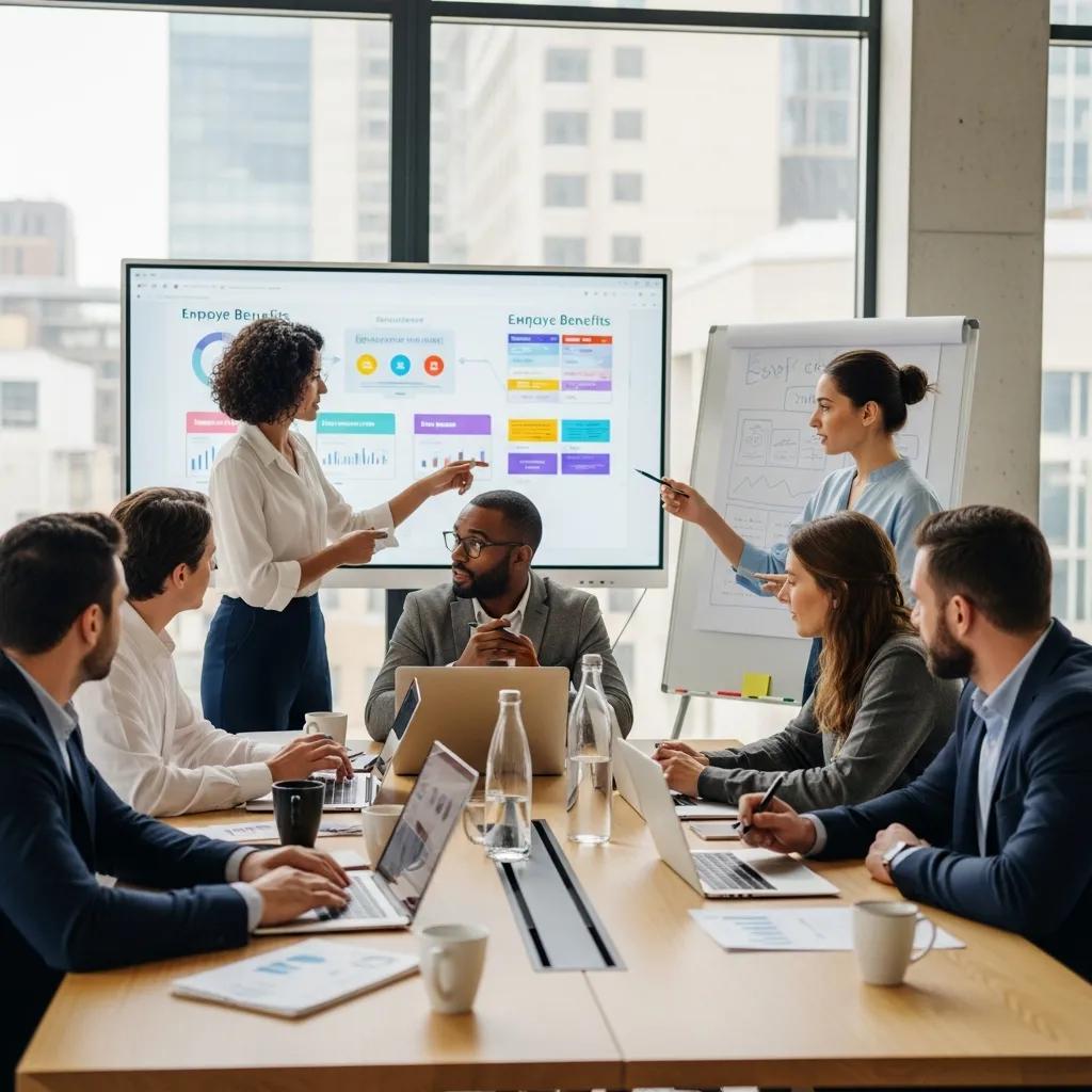 Diverse team of employees collaborating on HR benefits strategies in a modern office, with a presentation on employee benefits displayed on a screen.