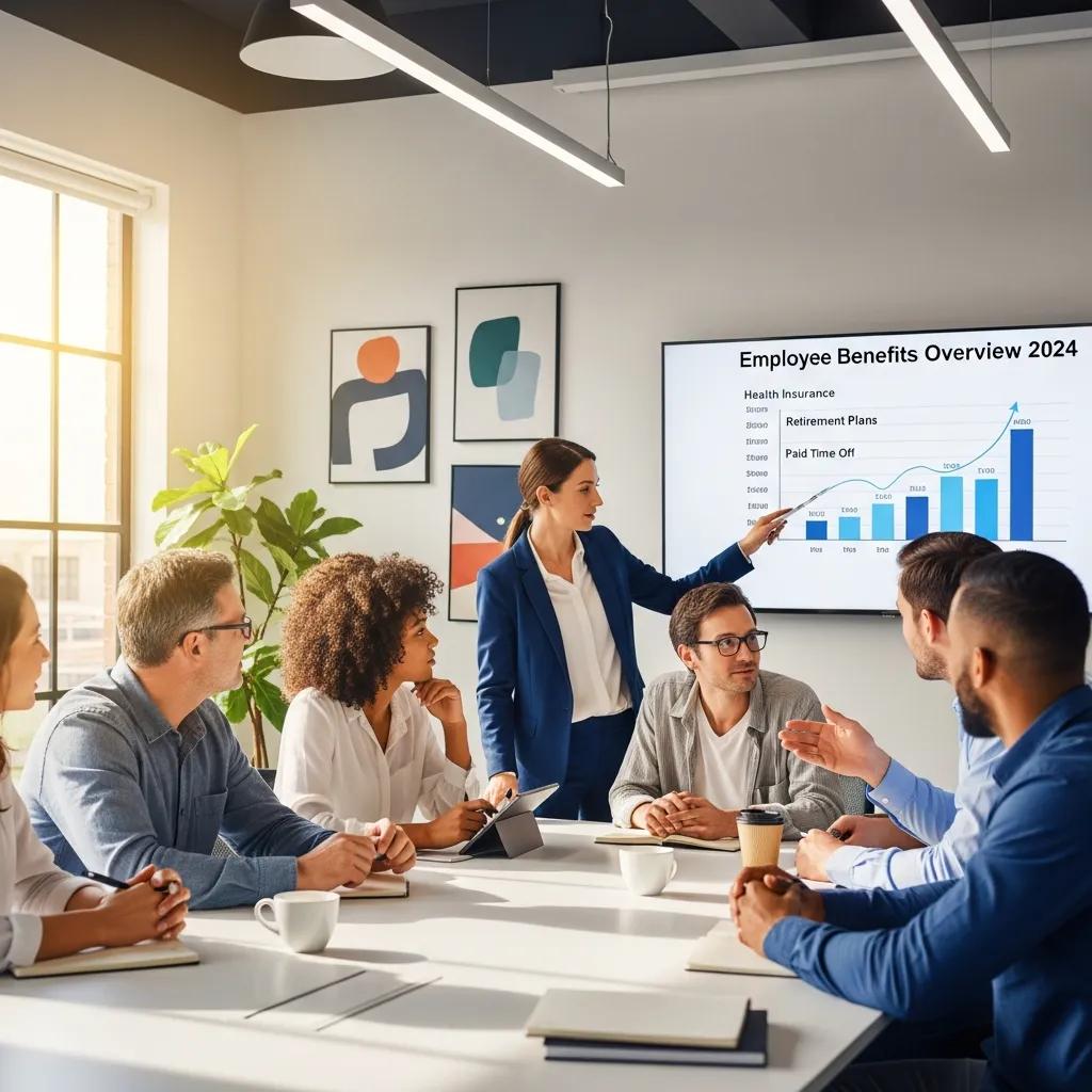 Diverse employees discussing employee benefits strategies in a modern office, with a presentation on health insurance, retirement plans, and paid time off.