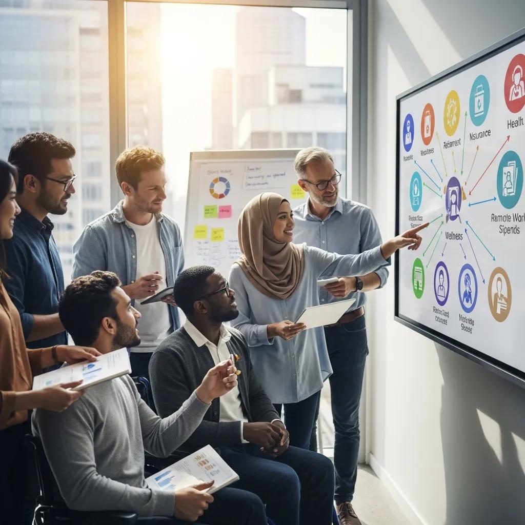 Diverse employees discussing flexible benefits options in a collaborative environment