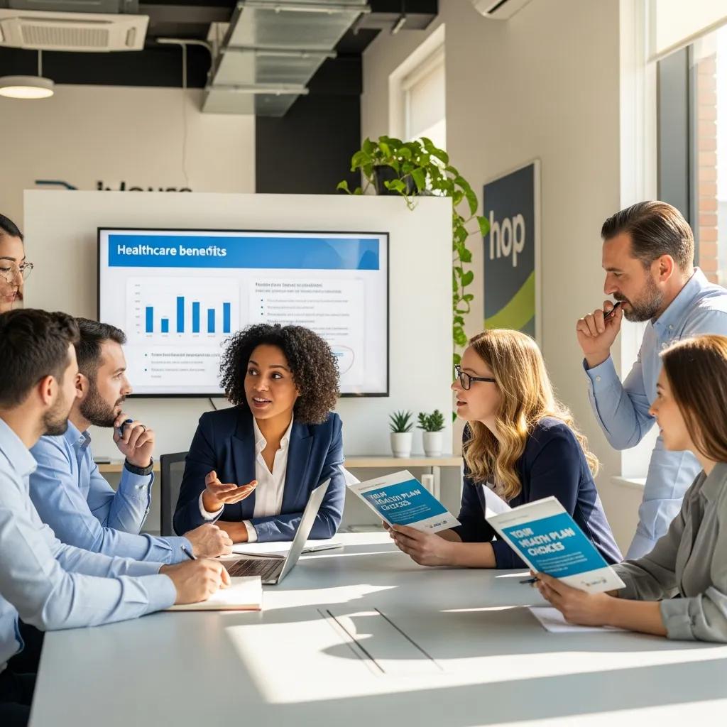 Diverse group of employees discussing group health insurance options in a modern office, with a presentation on healthcare benefits displayed on a screen.