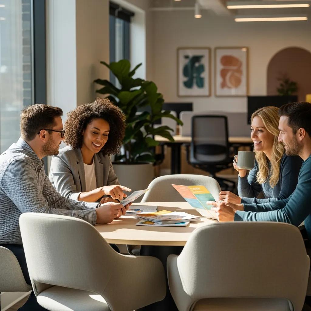 Diverse employees discussing health benefits and ICHRA strategies in a modern office setting.