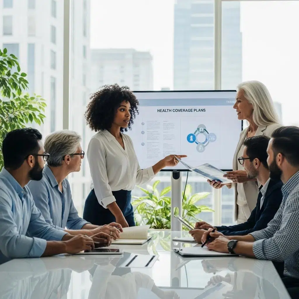 Diverse group of employees discussing health coverage plans in a professional office setting, with a presentation on health insurance options displayed on a screen.