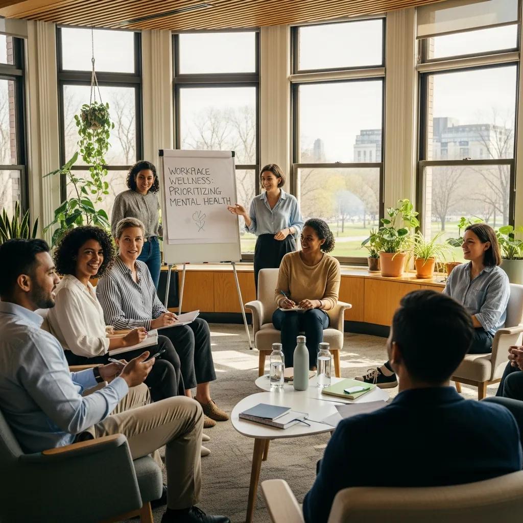 Diverse employees participating in a mental health workshop, prioritizing workplace wellness in Bloomfield Hills, Michigan.