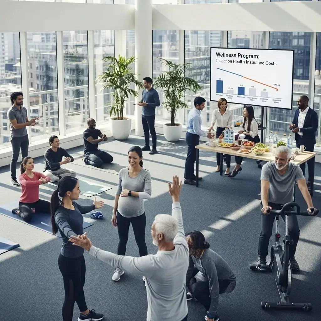 Diverse employees participating in a wellness program at work