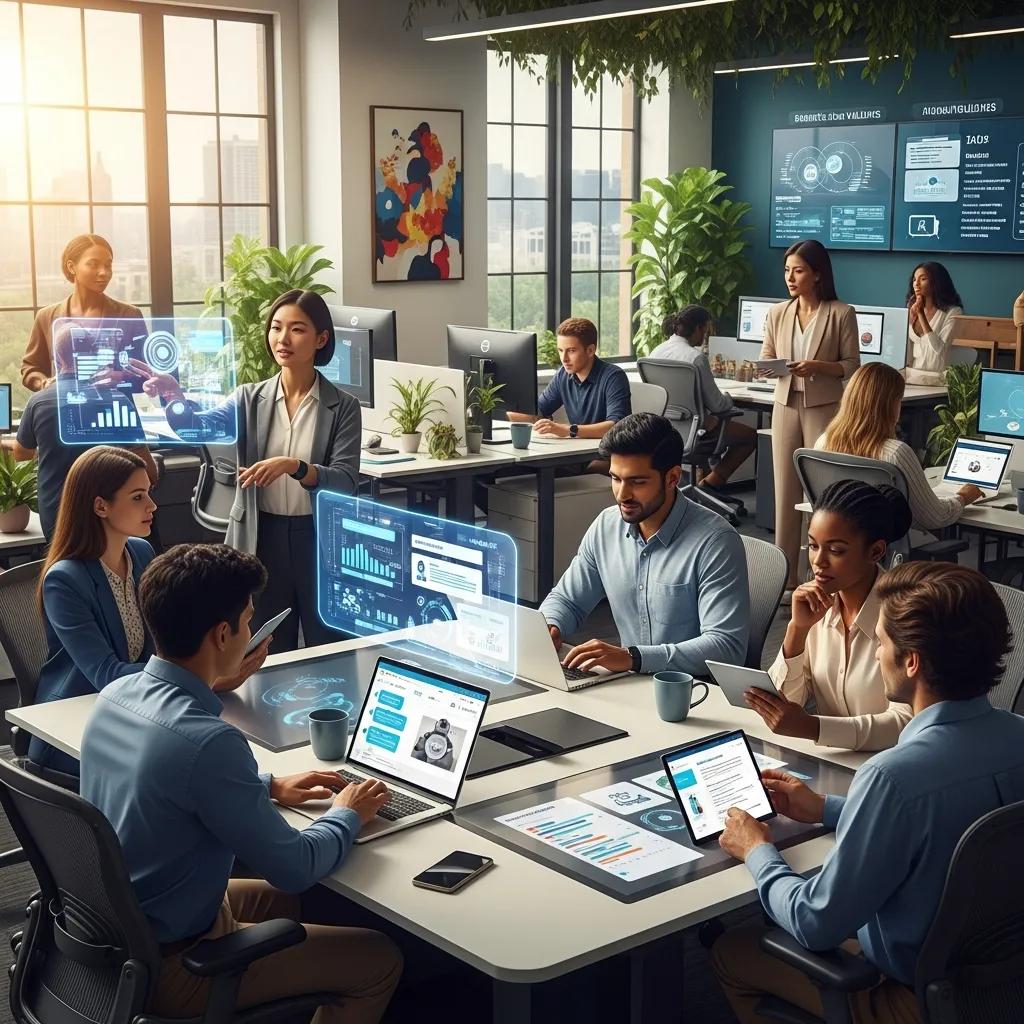 Diverse employees collaborating in a modern office using AI technology for benefits administration and automated