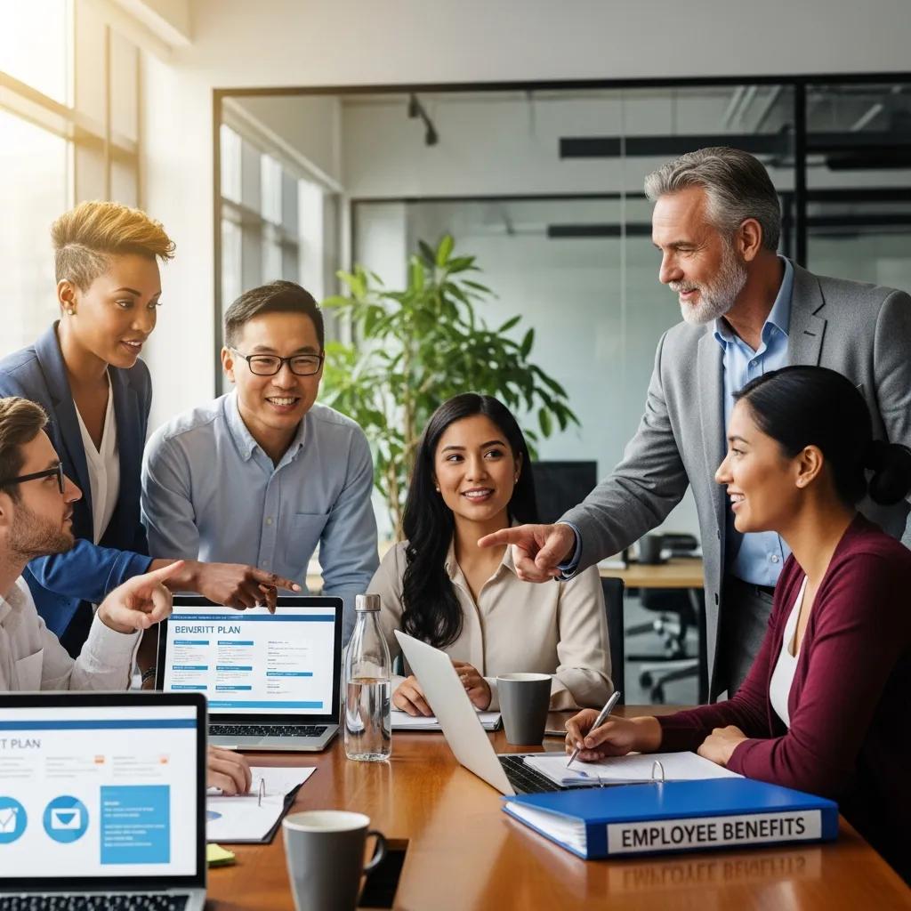 Diverse group of employees discussing employee benefits strategies in a modern office, with laptops displaying benefit plans and a binder labeled "EMPLOYEE BENEFITS" on the table.