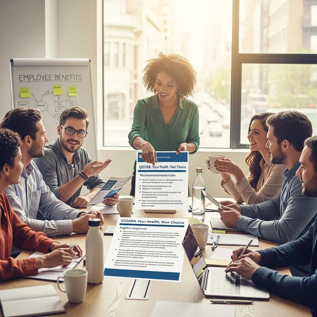 Diverse group of employees discussing health insurance options in a collaborative meeting
