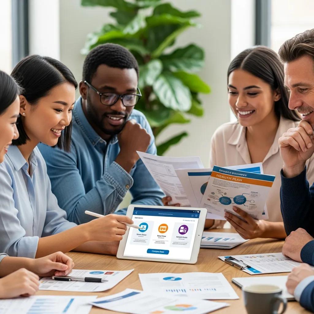 Diverse group of employees reviewing health insurance options on a tablet, showcasing engagement and satisfaction