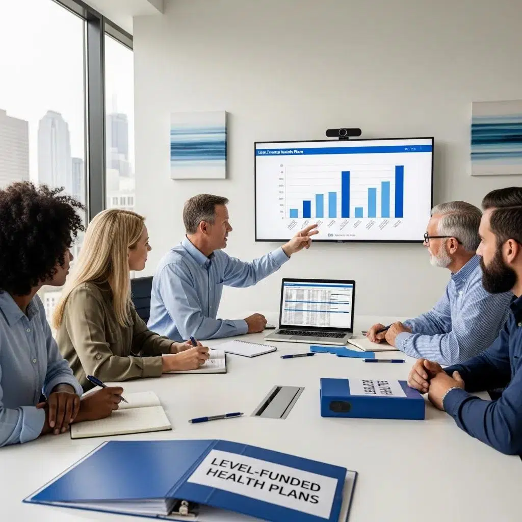 Diverse group of Michigan employers discussing level-funded health plans in a modern office, with a graph displayed on a screen illustrating health plan data.