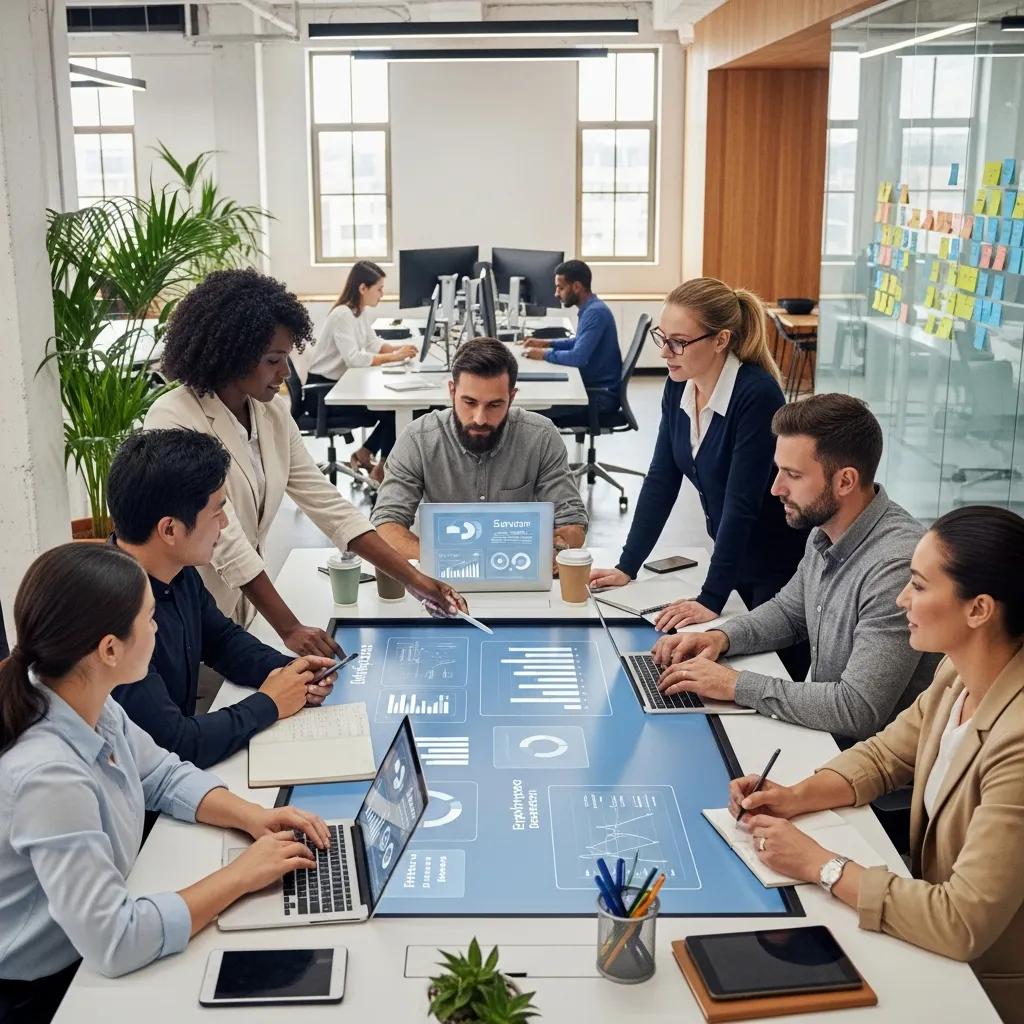 Diverse professionals collaborating in a modern office, analyzing employee benefits management data on digital displays, emphasizing teamwork and HR technology solutions in Michigan.