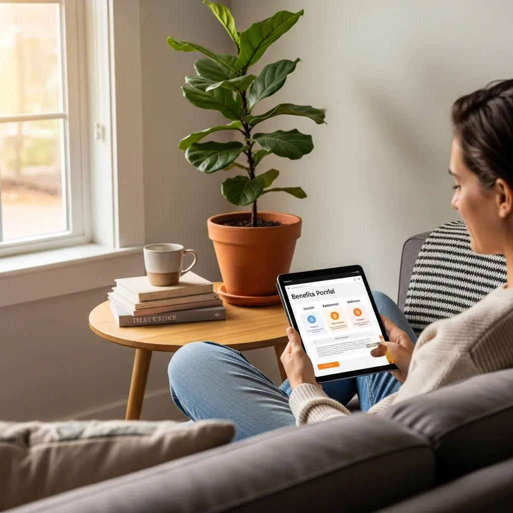 Employee accessing benefits information on a tablet in a cozy home environment