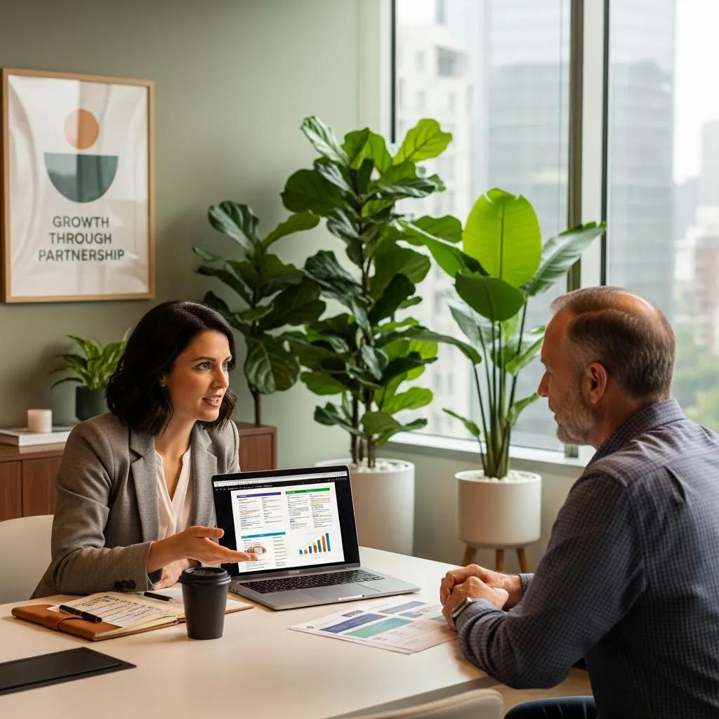 Employee benefits consultant discussing tailored strategies with a business owner in a modern office setting, featuring a laptop displaying benefits data and growth charts, surrounded by greenery.