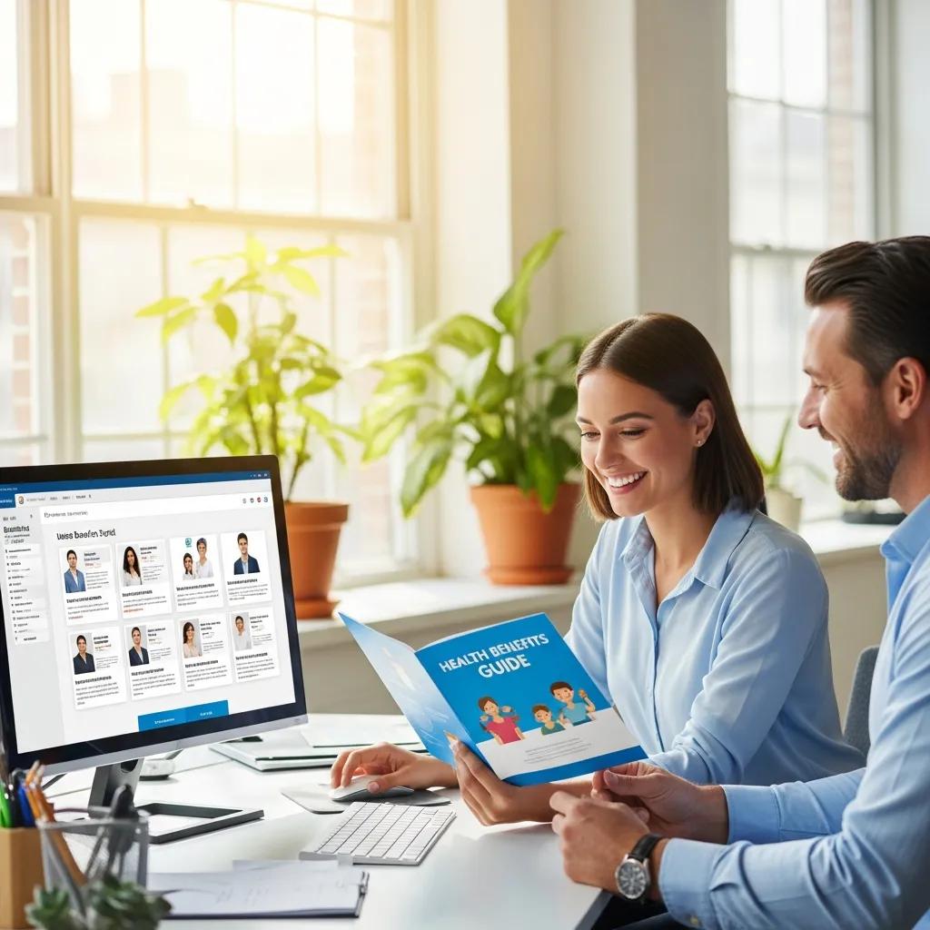 Employee receiving health benefits information in a bright office environment