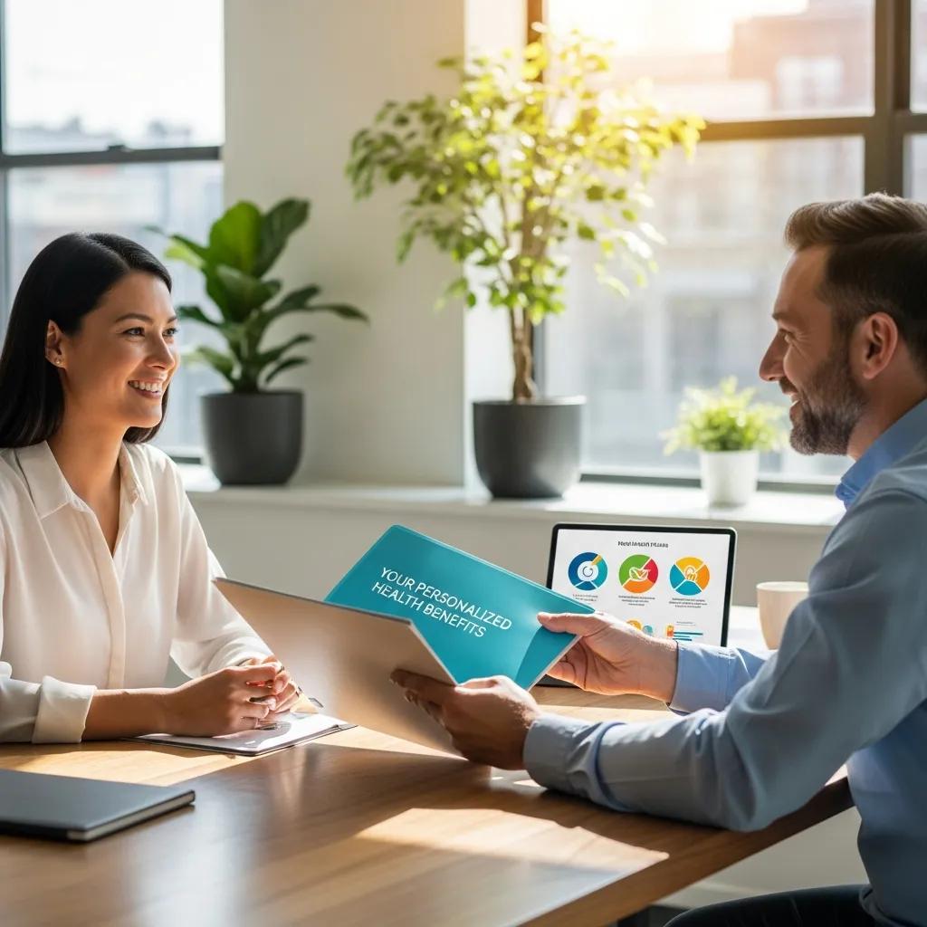 Employee receiving personalized health benefits information from employer