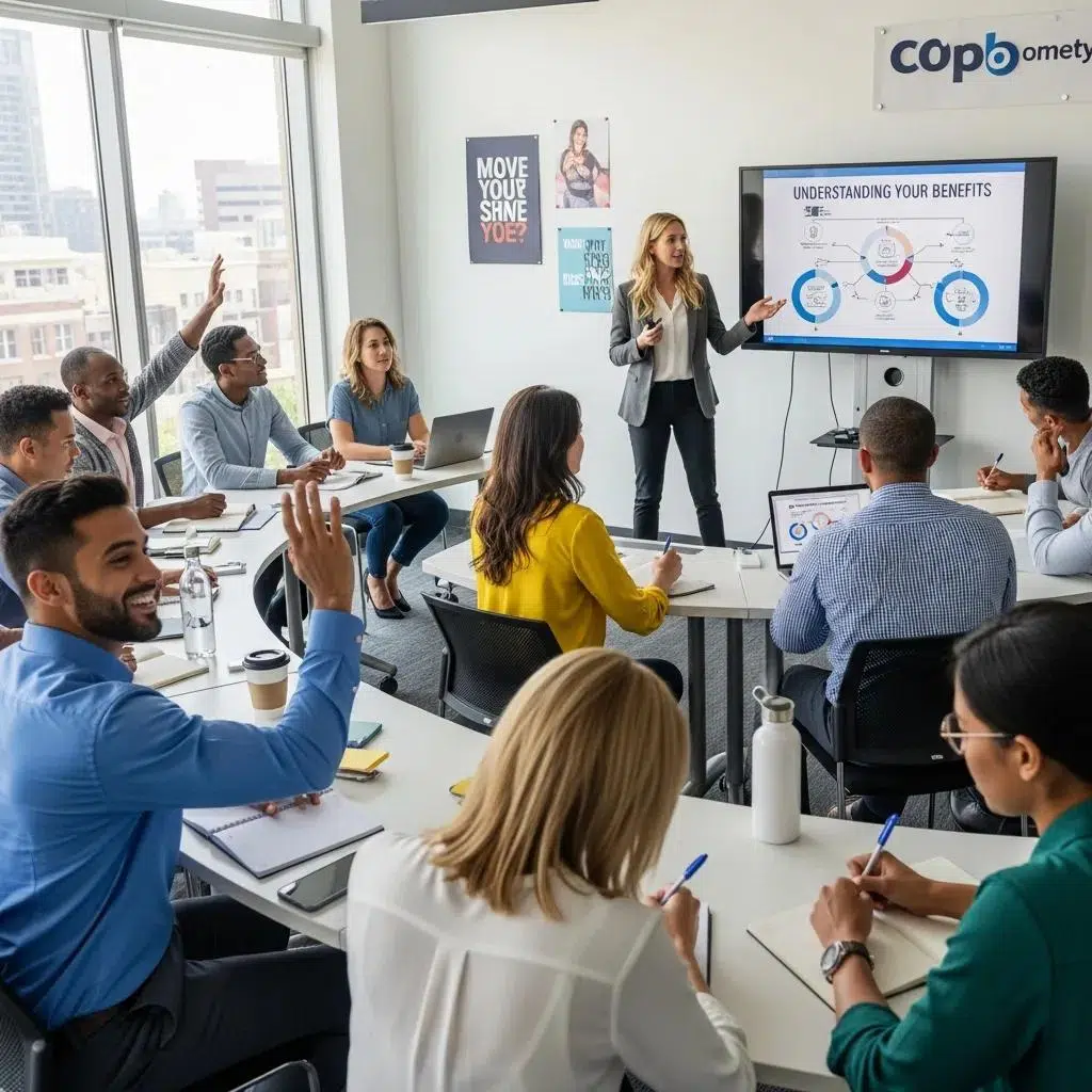 Employees actively participating in a benefits education workshop