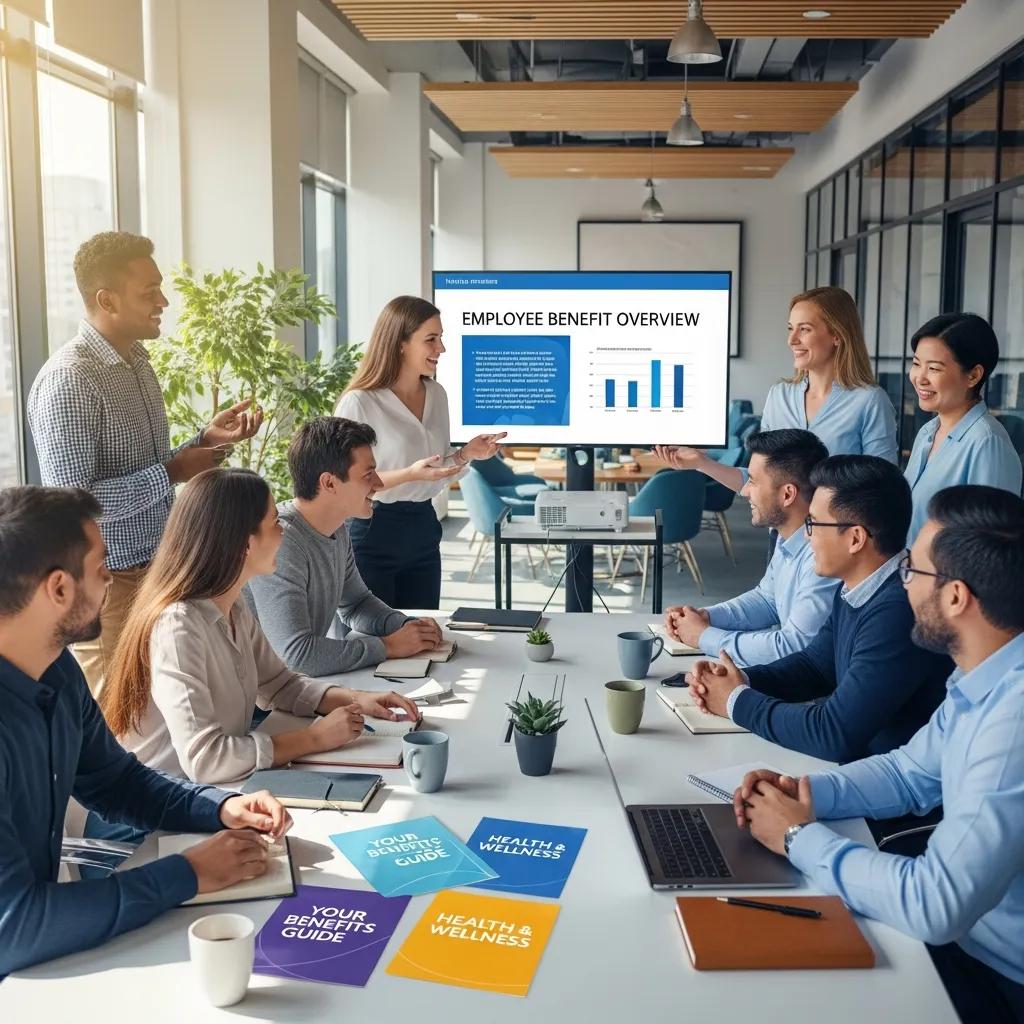 Employees discussing employee benefits in a collaborative office environment