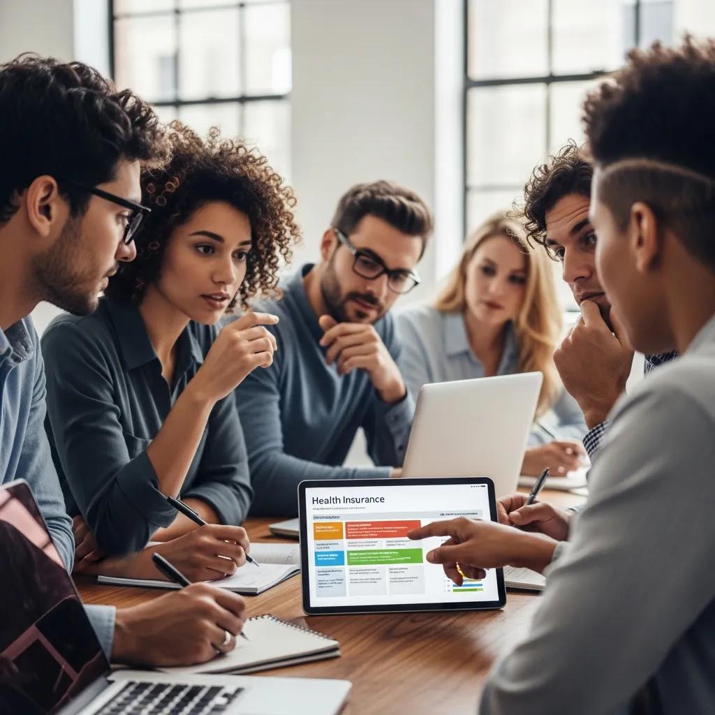 Employees discussing health insurance options with an employee benefits broker in a modern office