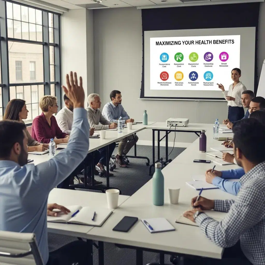 Employees engaged in a health insurance education workshop in a conference room