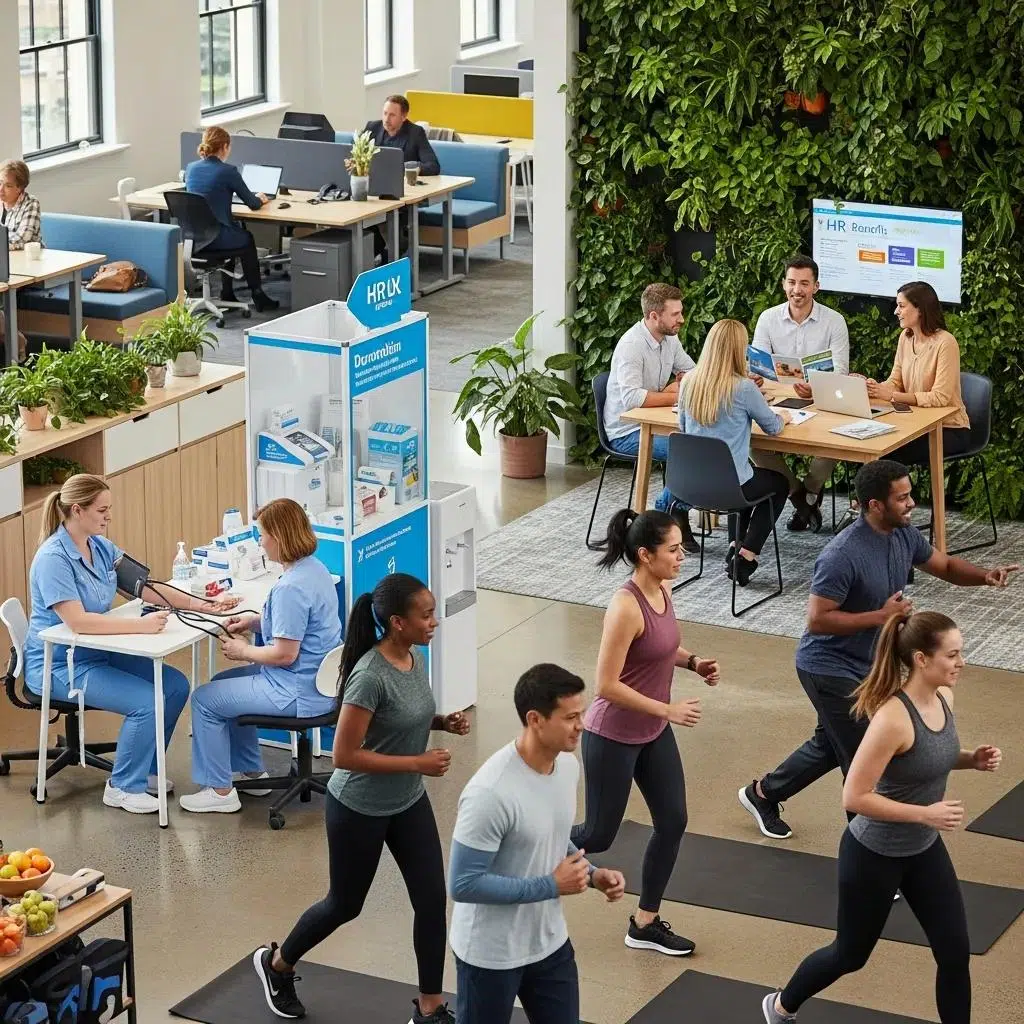 Employees engaging in wellness programs and discussing benefits in a vibrant workplace