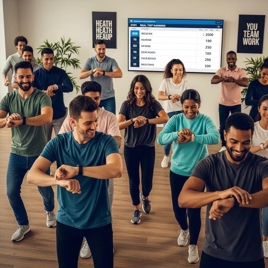 Employees participating in a fitness challenge at work, illustrating effective wellness initiatives for employee engagement