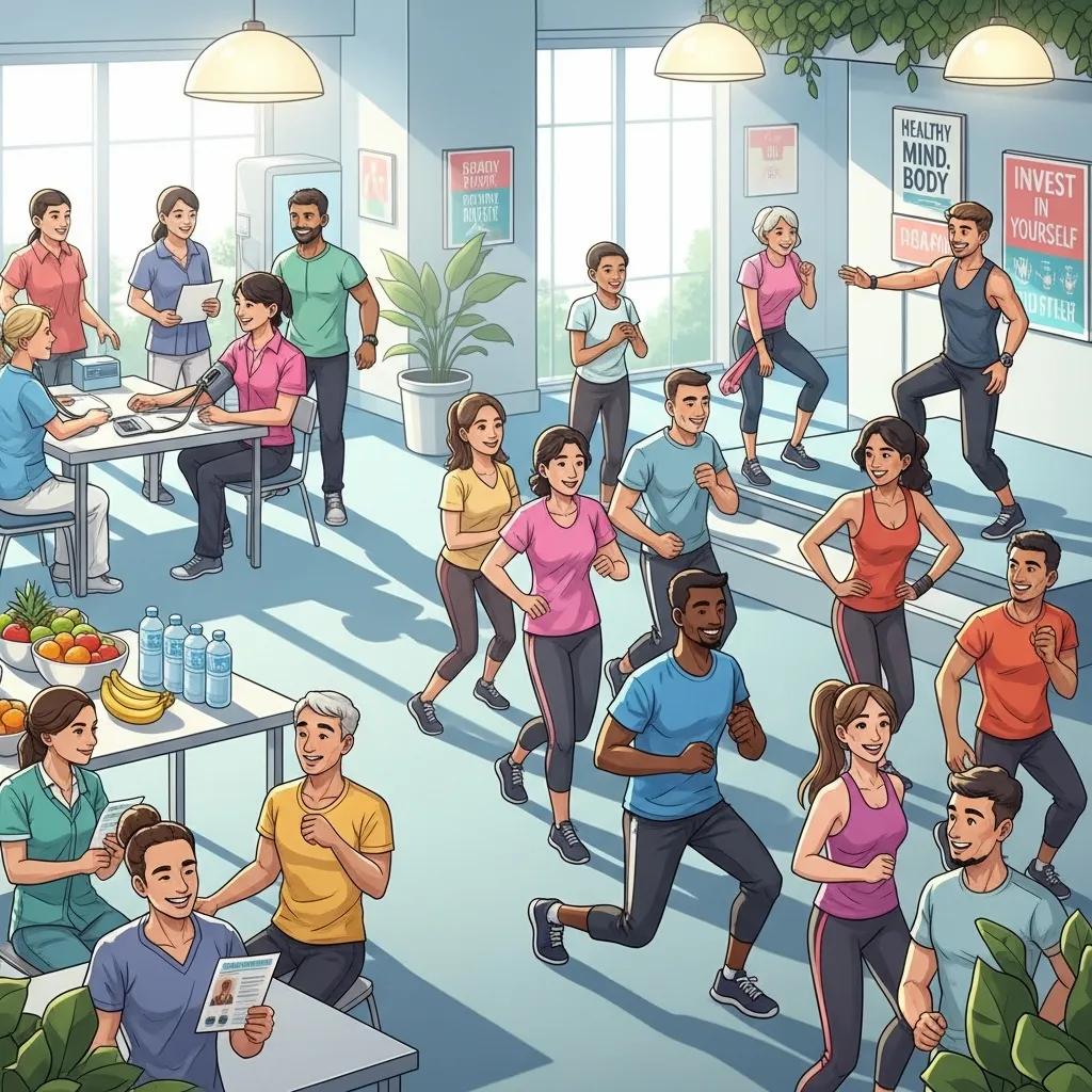 Employees participating in a wellness program highlighting group health insurance benefits