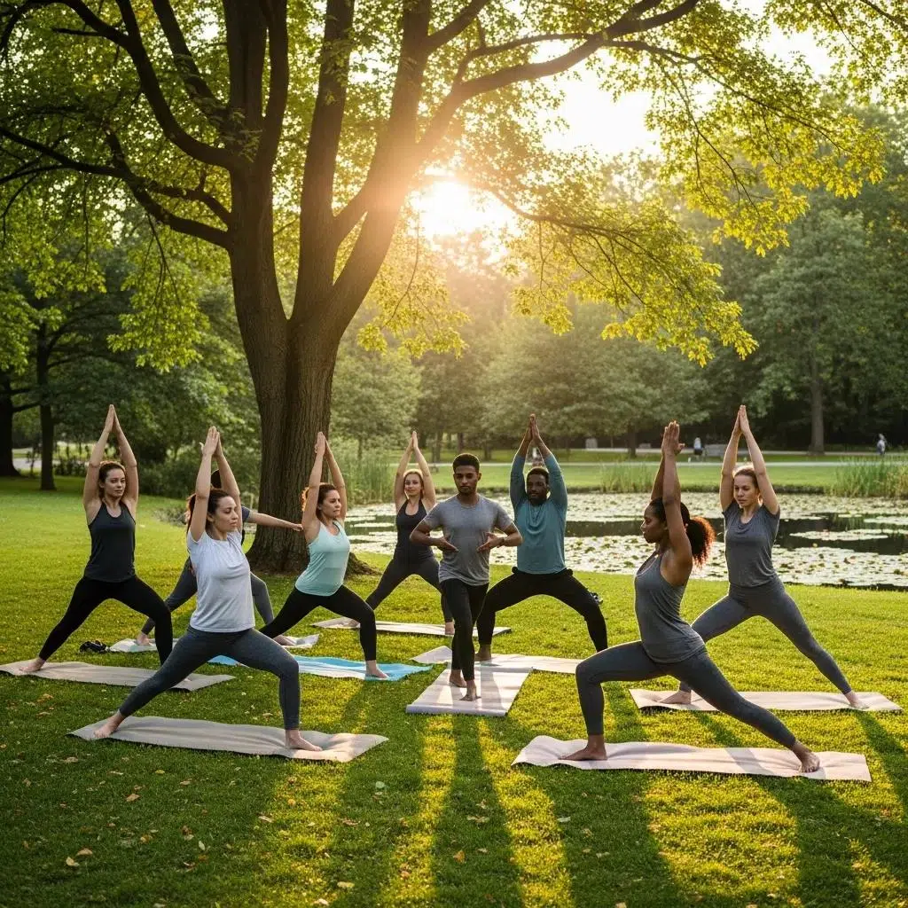Employees practicing mindfulness and yoga in a tranquil outdoor setting