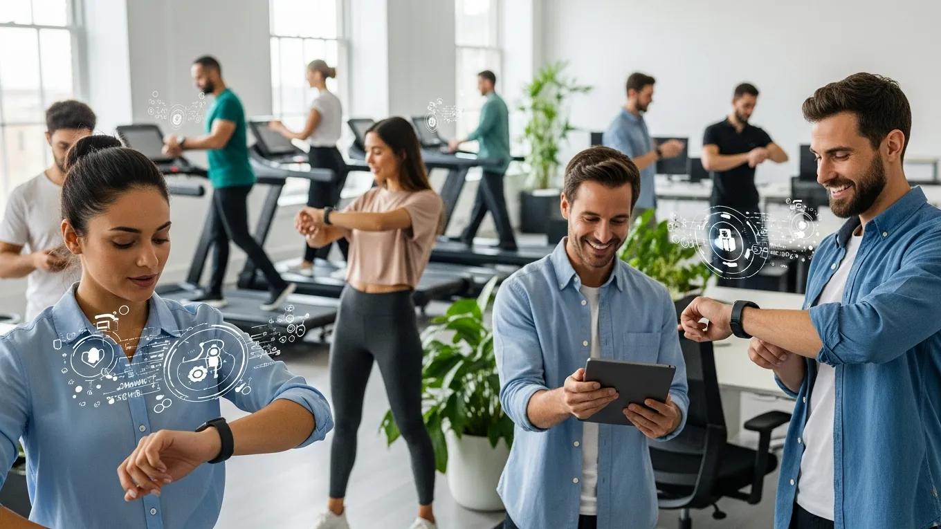 Employees using wearable fitness technology to track health goals in a collaborative workspace