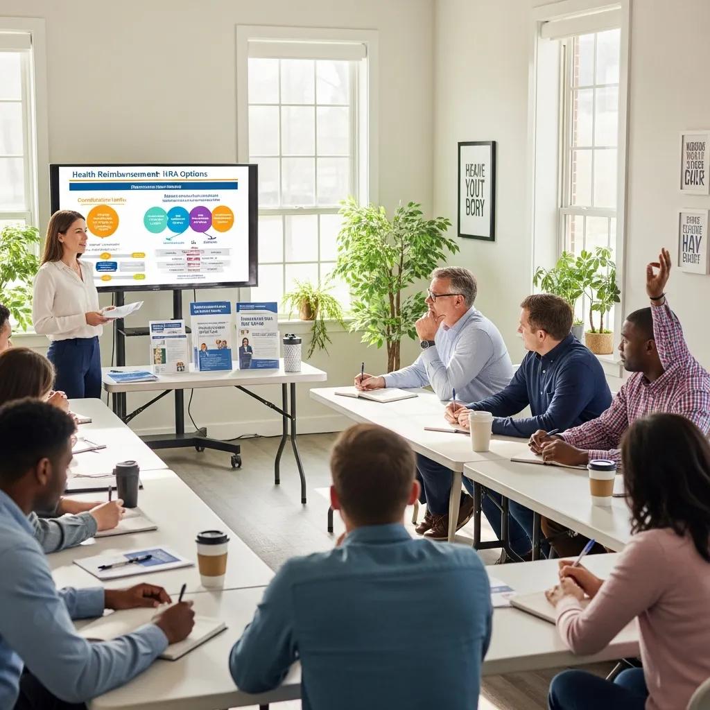 Employer conducting a workshop on health reimbursement arrangements with engaged employees